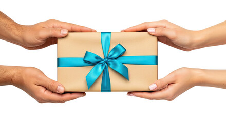 Two pairs of hands, one male and one female, are carefully holding and exchanging a beautifully wrapped gift box with a vibrant blue ribbon and bow, isolated on a black background