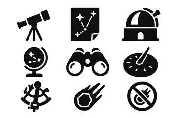 Astronomy Tools Collection. Solid style icons of Astronomy Tools: Telescope, Star Map, Observatory Dome, Celestial Globe,