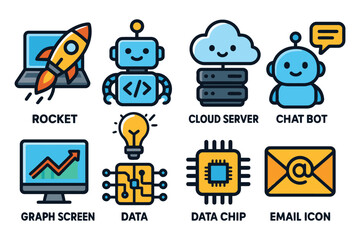 A vibrant set of eight illustrated icons depicting concepts like rockets, robots, cloud servers, chatbots, graphs, data, and email.
