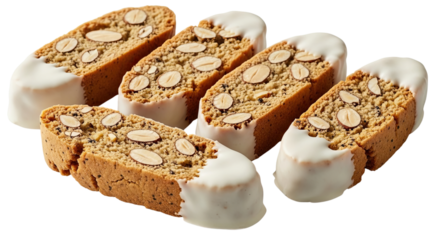A close-up studio shot of traditional almond biscotti dipped in white chocolate icing, arranged neatly in a row on an isolated black background for a gourmet dessert concept