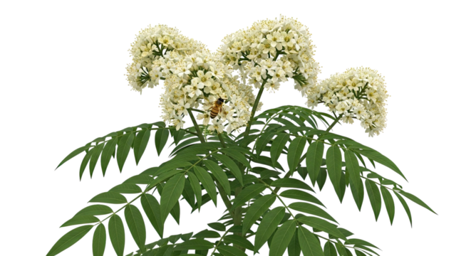 A honey bee pollinates a blooming plant with clusters of delicate white flowers and vibrant green compound leaves, isolated on a solid black background for a clean botanical look