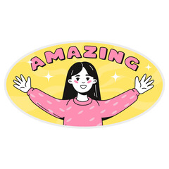 Happy cartoon girl with raised hands and smiling face, flat graphic style, on bright yellow background. Concept of positivity and joy. Vector illustration