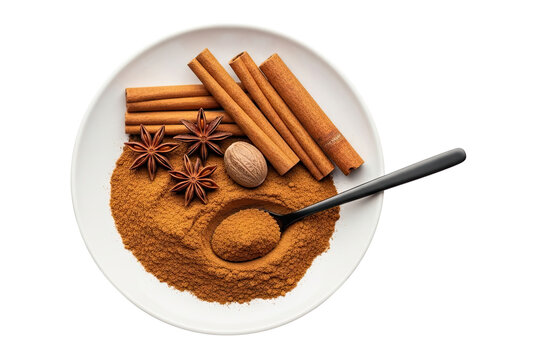 Top view flat lay of aromatic baking spices like cinnamon sticks and powder, star anise, and nutmeg on a white plate with a spoon, isolated on a clean black background