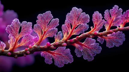 Vibrant purple coral branch with delicate fan-like structures and glowing red veins against black background, showcasing underwater marine life.