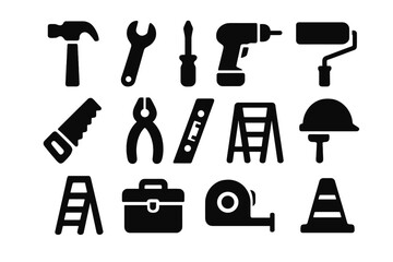 Obraz premium Construction Tools Icons. Solid style icons of construction tools: hammer, wrench, screwdriver, drill, saw, pliers, level tool,