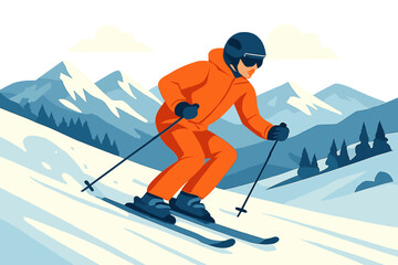 A skilled skier glides down a mountain slope, navigating hills and descents in the winter Alps, showcased in a vector illustration of a winter sports resort amid a mountain landscape