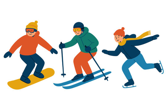 Characters of winter sports&mdash;snowboarding, skiing, and skating&mdash;embody outdoor winter activities, featuring snowboarders and skiers as part of an extreme sport group that promotes a vigorous, healthy