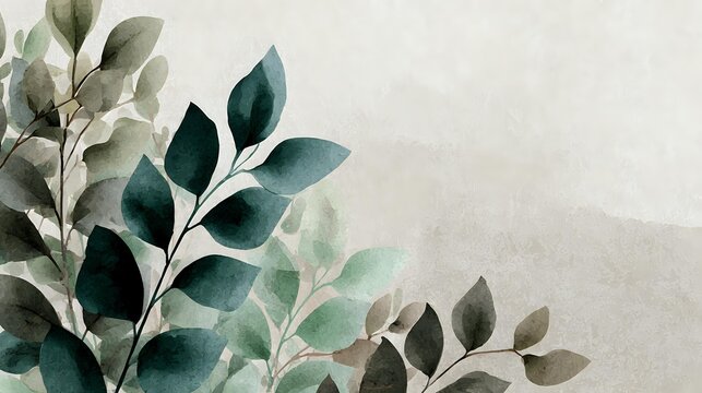 Watercolor botanical composition with green and teal eucalyptus leaves on neutral beige background, creating serene natural arrangement for home decor.
