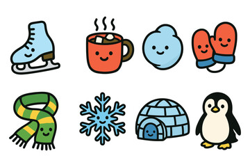 A collection of adorable, hand-drawn winter icons including a happy penguin, ice skates, hot chocolate, and a snowflake.