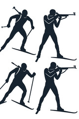 Dynamic silhouettes of biathlon athletes in skiing and shooting poses, embodying winter sports, competition, and endurance themes