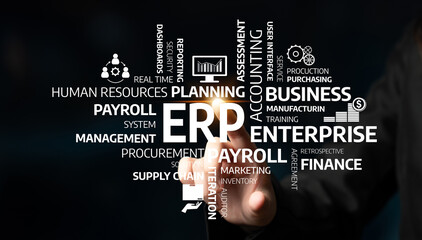 This image illustrates the integration of an ERP system in business, highlighting essential components like finance, payroll, and supply chain management for efficient operations. Tessel