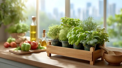 Fresh herbs growing in wooden planter on kitchen windowsill with olive oil, vegetables, and city skyline view, ideal for home cooking and urban gardening.