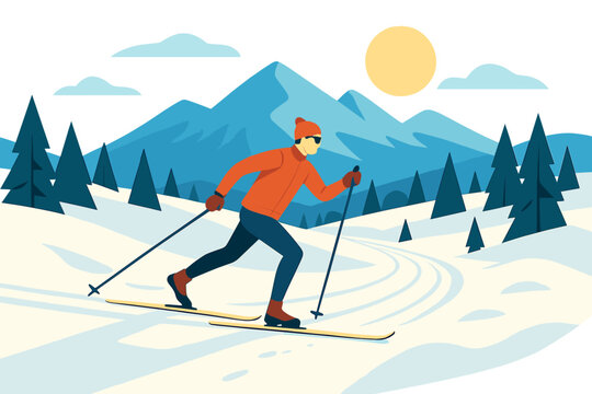 A cross‑country skier glides along a sunny, snow‑covered trail on a picturesque mountainside