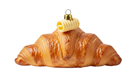 A surreal concept of a freshly baked croissant topped with a butter curl shaped like a Christmas tree ornament, isolated on a plain black background for a festive holiday theme