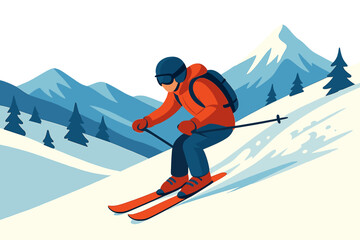 The energetic frame shows a skier racing down a spotless, snow‑laden slope, conveying the exhilaration and joy of winter sports amid a stunning backdrop