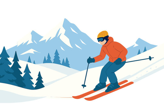 A winter sports banner featuring a vector illustration of extreme winter activities set against snowy mountains, skiing, and pine trees, with a horizontal ski background and outdoor holiday scenes