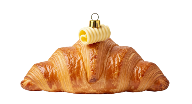 A surreal concept of a freshly baked croissant topped with a butter curl shaped like a Christmas tree ornament, isolated on a plain black background for a festive holiday theme