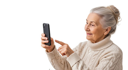 Portrait of a smiling elderly woman with grey hair in a cozy sweater using a modern smartphone, pointing at the screen to browse or video call, isolated on a black background
