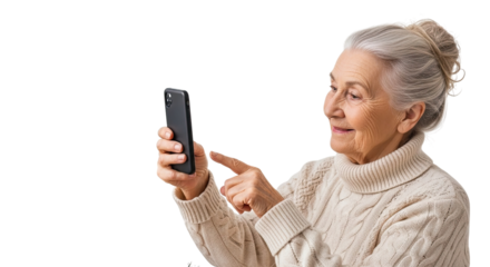 Portrait of a smiling elderly woman with grey hair in a cozy sweater using a modern smartphone, pointing at the screen to browse or video call, isolated on a black background