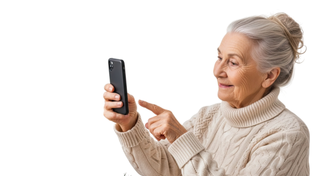 Portrait of a smiling elderly woman with grey hair in a cozy sweater using a modern smartphone, pointing at the screen to browse or video call, isolated on a black background