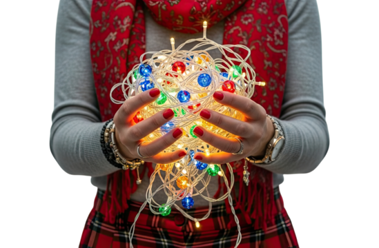 Close-up of a woman's hands with a red manicure holding a glowing, tangled ball of colorful holiday string lights, dressed in festive winter clothes against a black background