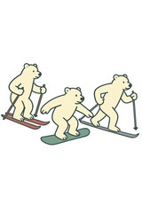 Polar bears ski, snowboard, and race cross-country as part of an outdoor winter sports concept