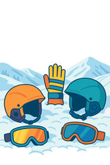 A showcase of winter sports equipment, including vibrant ski goggles, gloves, and helmets, set on pristine, powdery snow with ski slopes behind