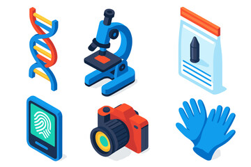 Forensic Evidence Icons. Isometric vector illustration set Forensic Evidence: DNA icon, optical microscope, plastic evidence bag,