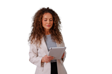 Business professional standing, using a digital tablet for work, learning, and communication. Transparent background