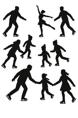 Silhouettes of men, women, and children ice skating, winter activity, figure skating, cold‑weather fun, vector design elements