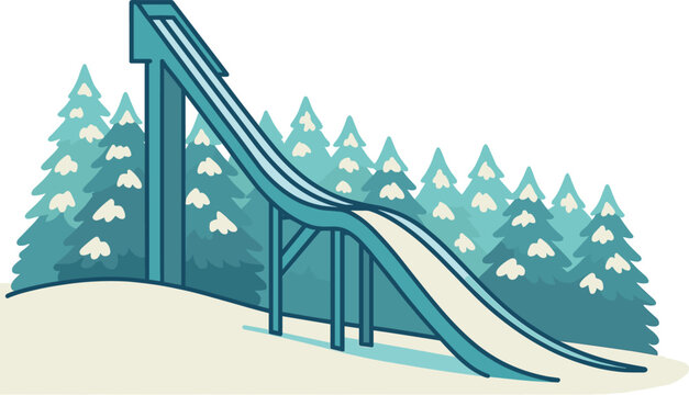 A ski jumping ramp set against a backdrop of snow-covered trees