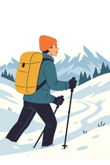 Exploring snowy peaks by hiking and trekking, equipped with a backpack and trekking poles, embracing an active outdoor lifestyle
