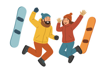 A joyful pair of snowboarders enjoy jumping with their boards during a winter holiday at a ski resort
