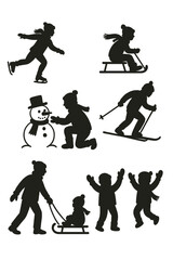 Silhouettes of winter activities: ice skating, sledding, skiing, building snowmen, outdoor fun, seasonal recreation, holiday leisure, family bonding, and cold‑weather sports