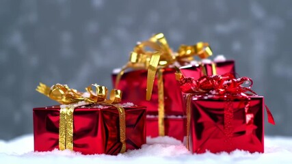 Shiny red gift boxes with golden ribbons sit in snow with a blurred grey background - Powered by Adobe