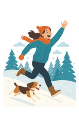 A woman in 4K footage runs with her beagle on a snowy hill, leaping and shouting, showcasing animals, nature, outdoor time, and winter sports