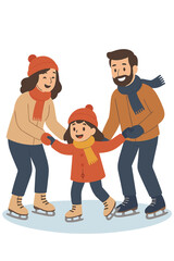 At the skating rink, a joyful family enjoys skating, with parents teaching their daughter how to glide