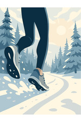 Grey sports shoes kicked up a trail of snow as the runner's legs moved, with frosted pine trees lining the path and bright winter sun breaking through the clouds
