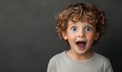 Young boy with curly hair expressing extreme surprise with mouth open wide against dark gray background.
