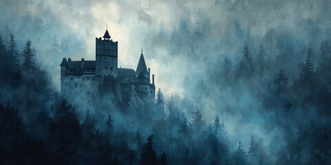 Painting, illustration shows dark, medieval castle looms over a foggy forest, evoking mystery, history, and gothic atmosphere. The image conveys haunting beauty, solitude, and timeless intrigue.