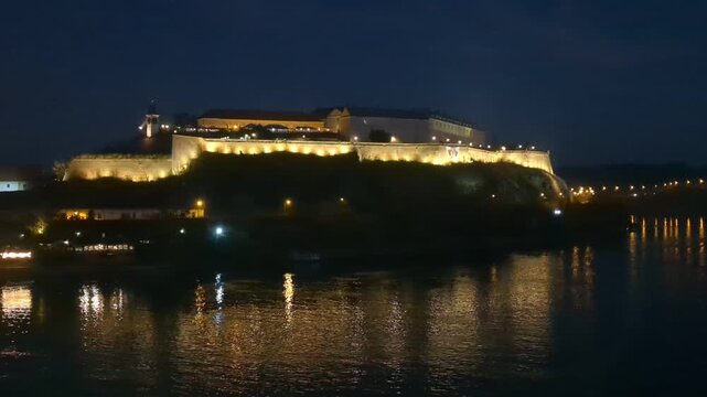 Petrovaradin fortress at night, Danube River. Novi Sad, Serbia.
