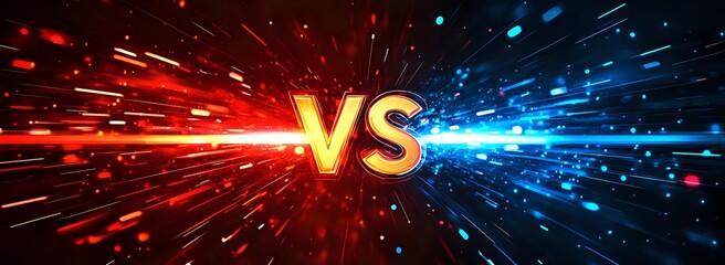 Glowing versus text with explosive red and blue light particles colliding in dynamic cosmic battle scene.