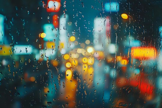 Raindrops on window glass with blurred city lights creating colorful bokeh effect in blue, yellow and orange tones, atmospheric urban night scene.