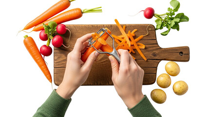 Obraz premium Top-down view of a person peeling a fresh orange carrot with a peeler over a rustic wooden cutting board surrounded by radishes and potatoes, isolated on a black background