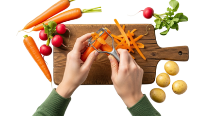 Top-down view of a person peeling a fresh orange carrot with a peeler over a rustic wooden cutting board surrounded by radishes and potatoes, isolated on a black background