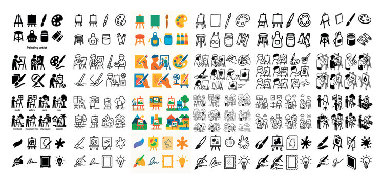 Artistic icon set: paintings and tools