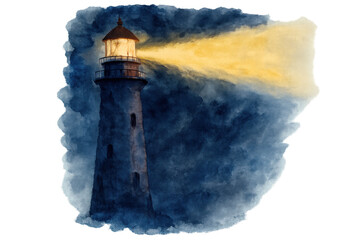 Lighthouse guiding a ship through dark stormy waters at night, emitting a strong beam of light, watercolor painting style