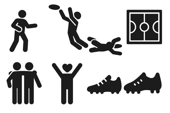 Outdoor Team Sport Icons. Solid style icons of Outdoor Team Sports: Disc, Jump, End Zone, Layout Catch, Field, Teammates, Spirit,