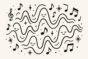 Dancing Sound Waves. Magical doodle vector composition of sound waves dancing in the air, each with tiny smiling expressions,