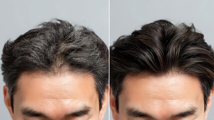 Before and after comparison of male hair restoration treatment showing improved hairline and fuller appearance for men experiencing hair loss.